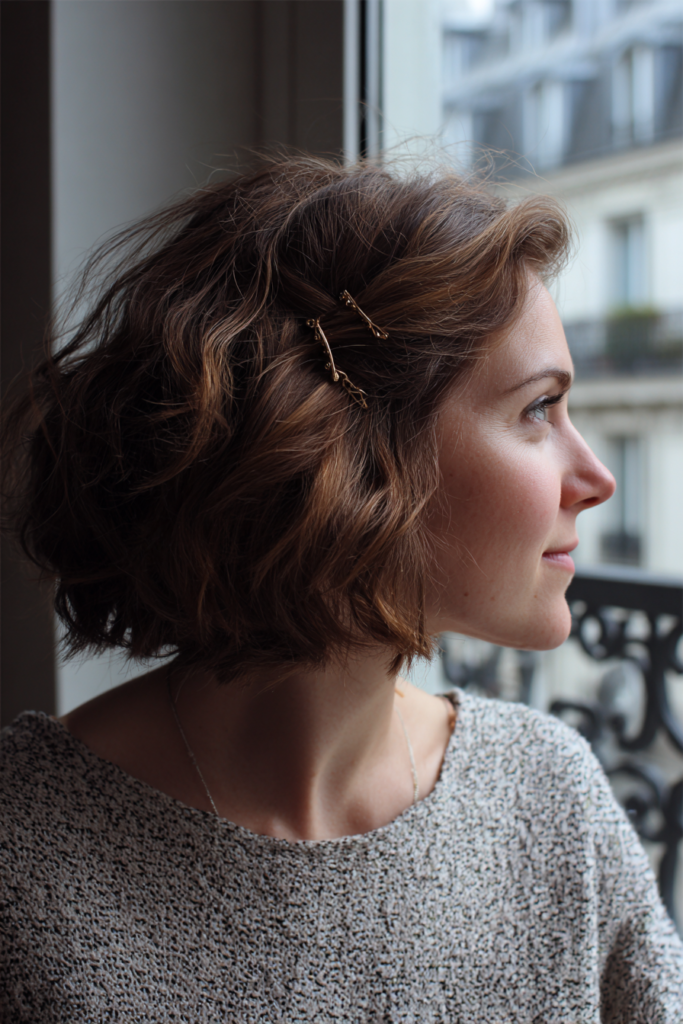 A woman with a short curly chestnut brown bob wears delicate gold twig shaped bobby pins pinned back on one side.