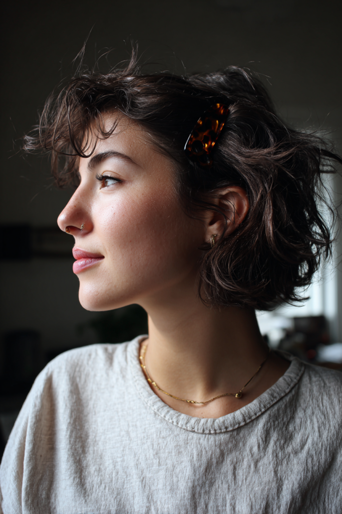 A woman with a windswept curly espresso brown bob wears a tortoiseshell barrette clip tucked above her ear.
