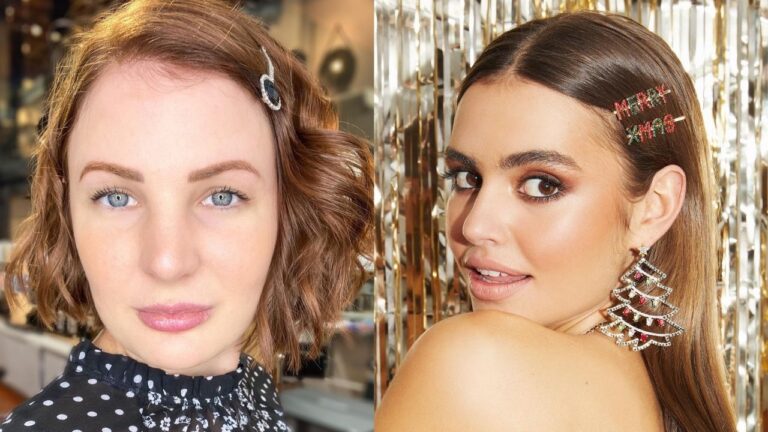 Side-by-side comparison showing a short wavy Auburn bob styled with a sparkling hair clip on the left and a sleek dark brunette hairstyle pinned with "Merry Xmas" hair slides on the right.