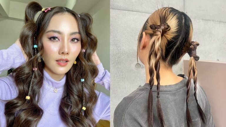 18 Y2K Short Hairstyles for Women With Playful Clips and Retro Texture Side-by-side comparison showing wavy brown high pigtails accessorized with colorful clips and beads on the left and a two-tone black and blonde braided pigtail style viewed from behind on the right.