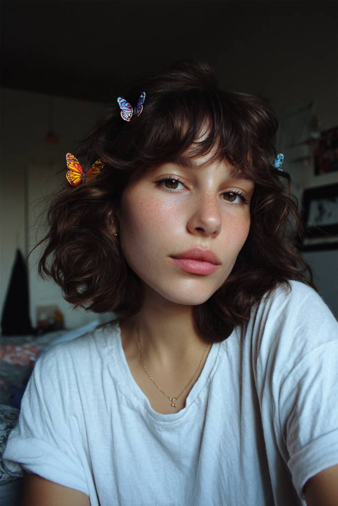 A woman with a short curly brunette bob featuring colorful butterfly clips throughout her hair.