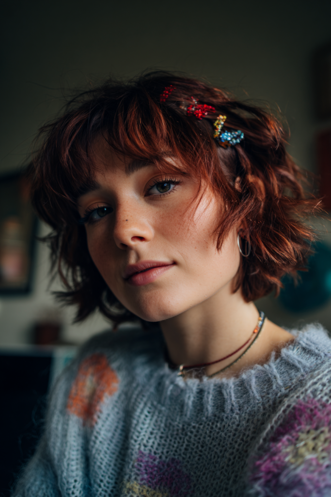 A woman with a tousled auburn bob featuring a row of sparkly rainbow butterfly clips.
