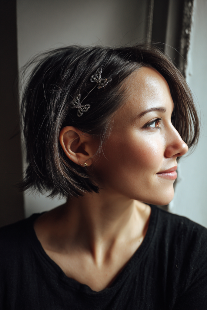 A woman with a sleek chin length brunette bob featuring two sparkly rhinestone butterfly clips.