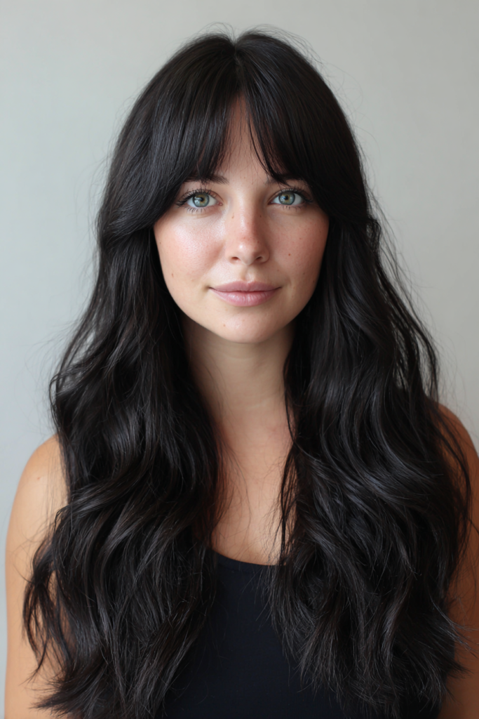 Woman with extra long dark black hair styled in soft waves with center parted curtain bangs.