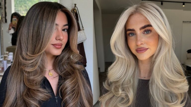 19 Elegant Long Layered Haircuts for Women With Curtain Bangs Side-by-side comparison showing long, wavy brunette hair with voluminous curtain bangs on the left and a platinum blonde long layered hairstyle with sweeping curtain bangs on the right.
