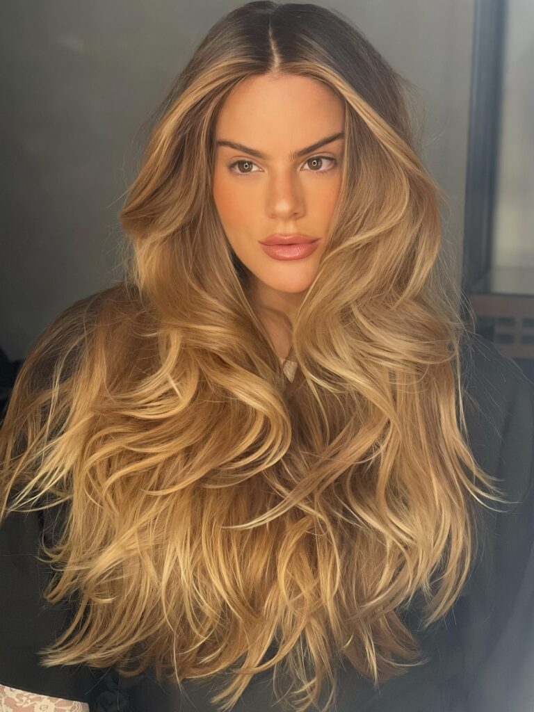 Woman with long honey blonde layered hair featuring bright money piece highlights and center parted curtain bangs.