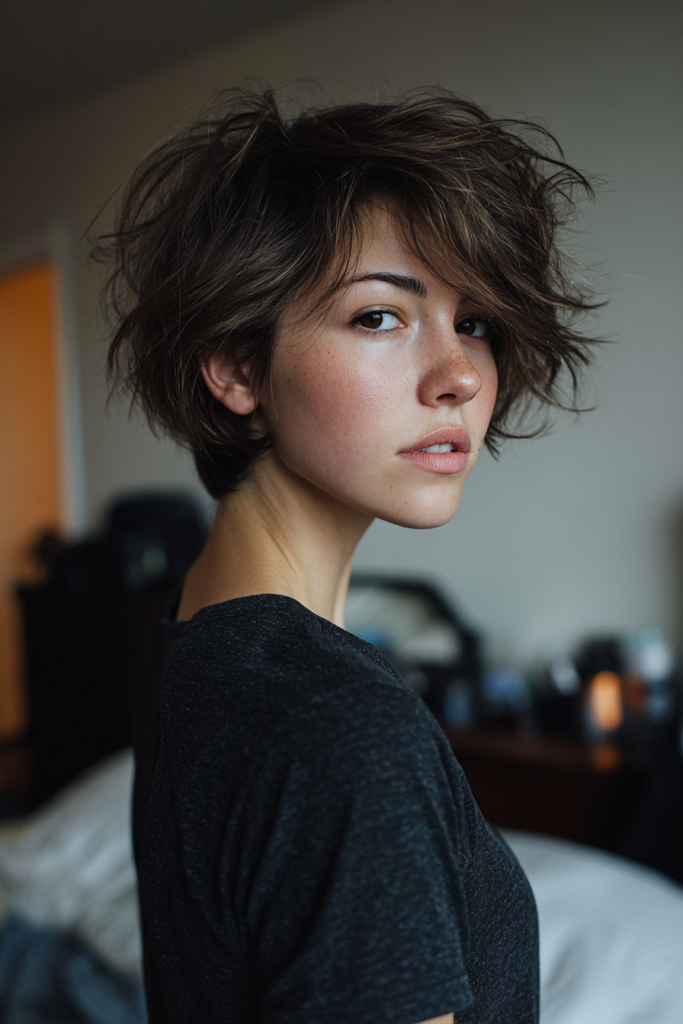 Short tousled brunette pixie bob with choppy layers and subtle highlights.