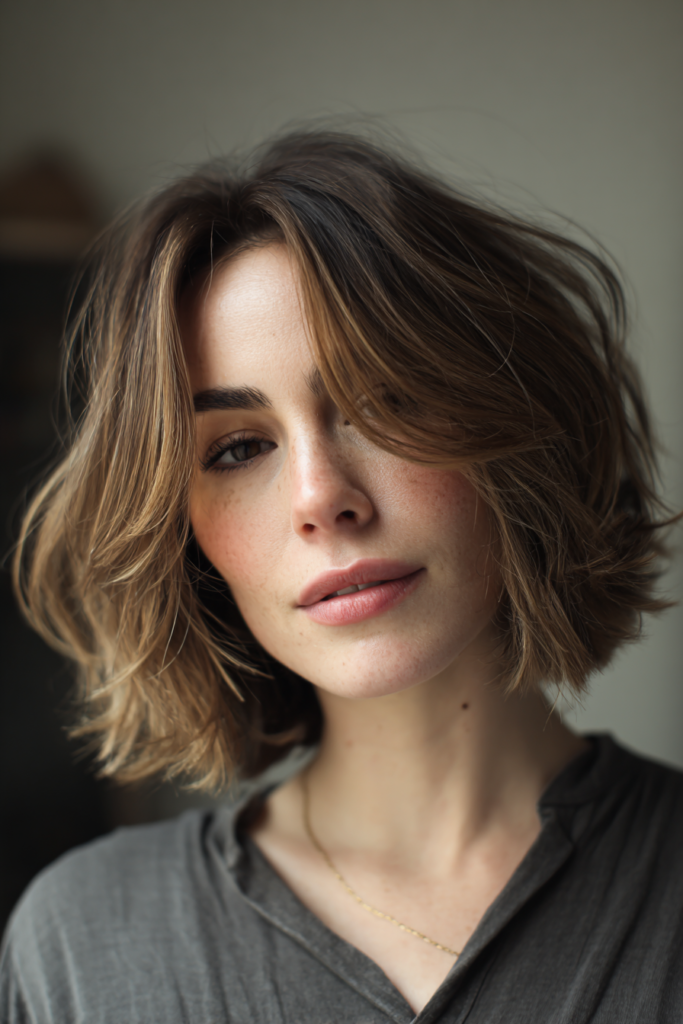 Chin length brunette wavy bob with warm honey highlights framing the face.