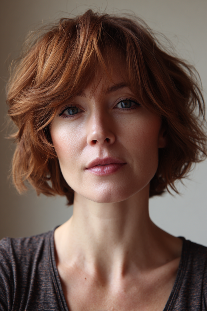 Short ginger red bob with voluminous flipped layers and side swept bangs.