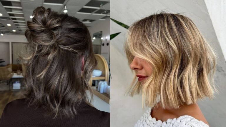 20 Quick School Hairstyles for Women With Short Hair Side-by-side comparison showing a wavy brown half-up top knot bun viewed from behind on the left and a textured blonde wavy blunt bob with long curtain bangs on the right.