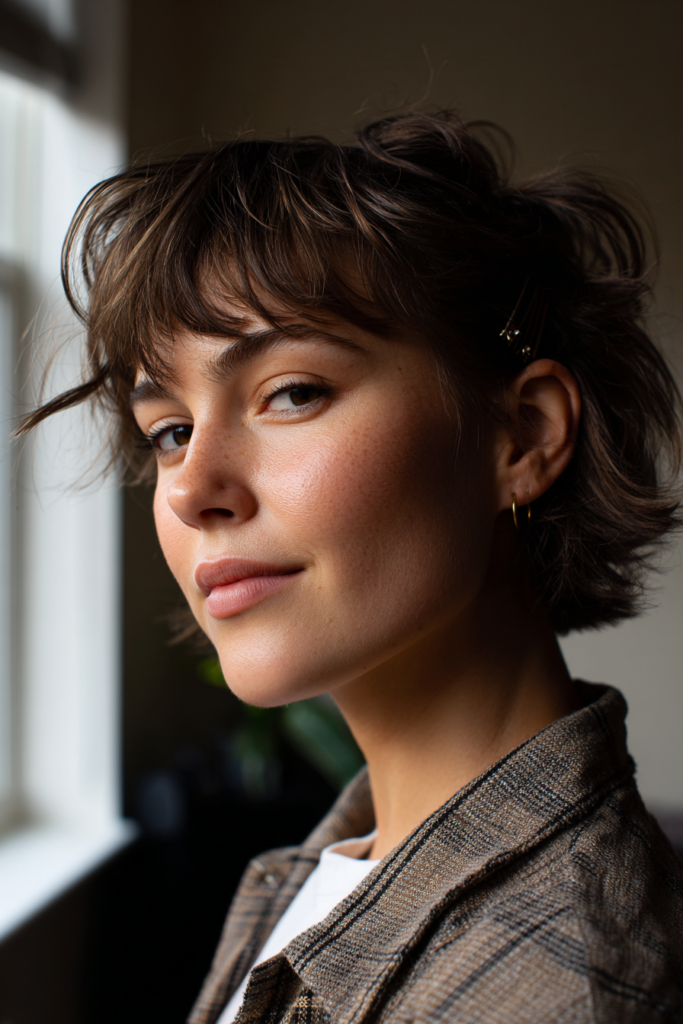 A woman with a short tousled brunette shag and choppy bangs wears a small hair clip near her ear.
