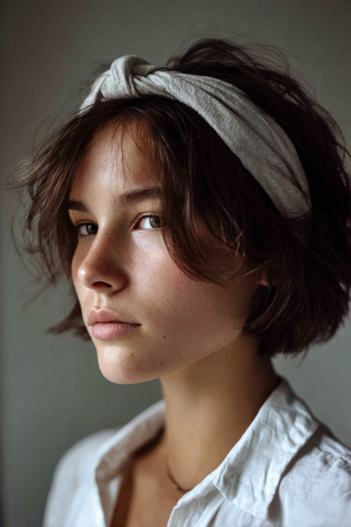 A woman with a wavy brunette bob wears a knotted gray fabric headband pushing her hair back from her face.