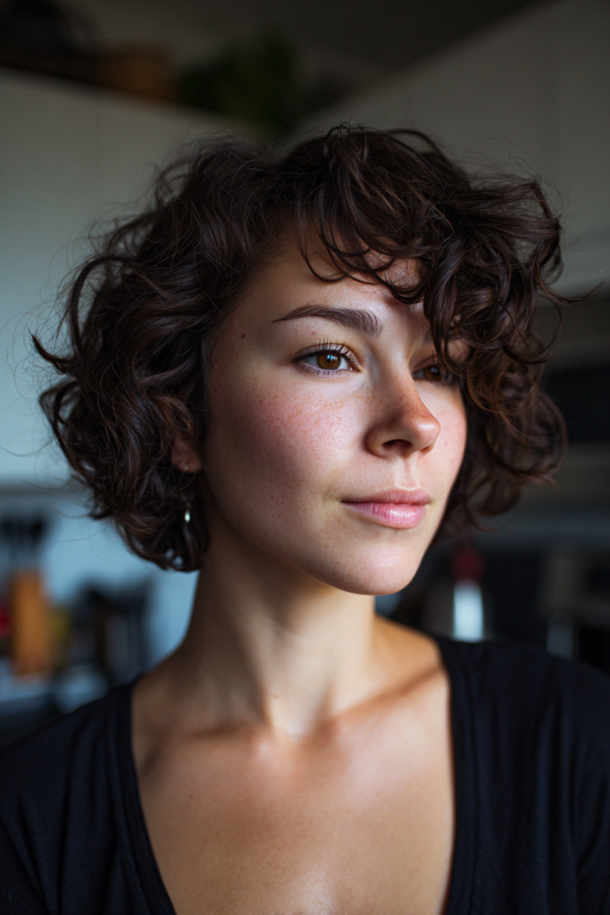 A woman with a chin-length curly espresso brown bob styled with a deep side part and full round curls.