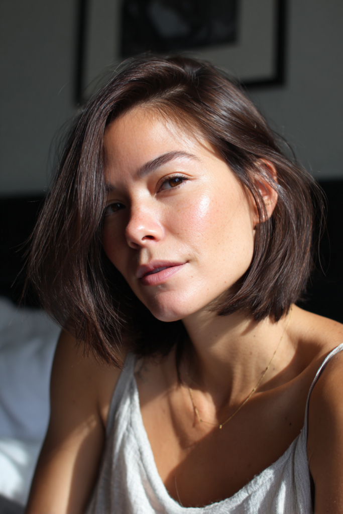 A woman with a wavy chocolate brown bob and a center part looks at the camera in natural light.