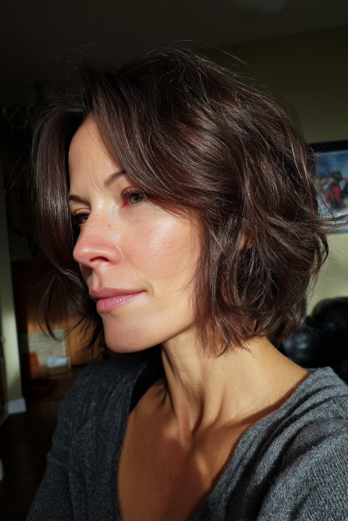 A woman with a tousled layered brunette bob looks off to the side in natural light.