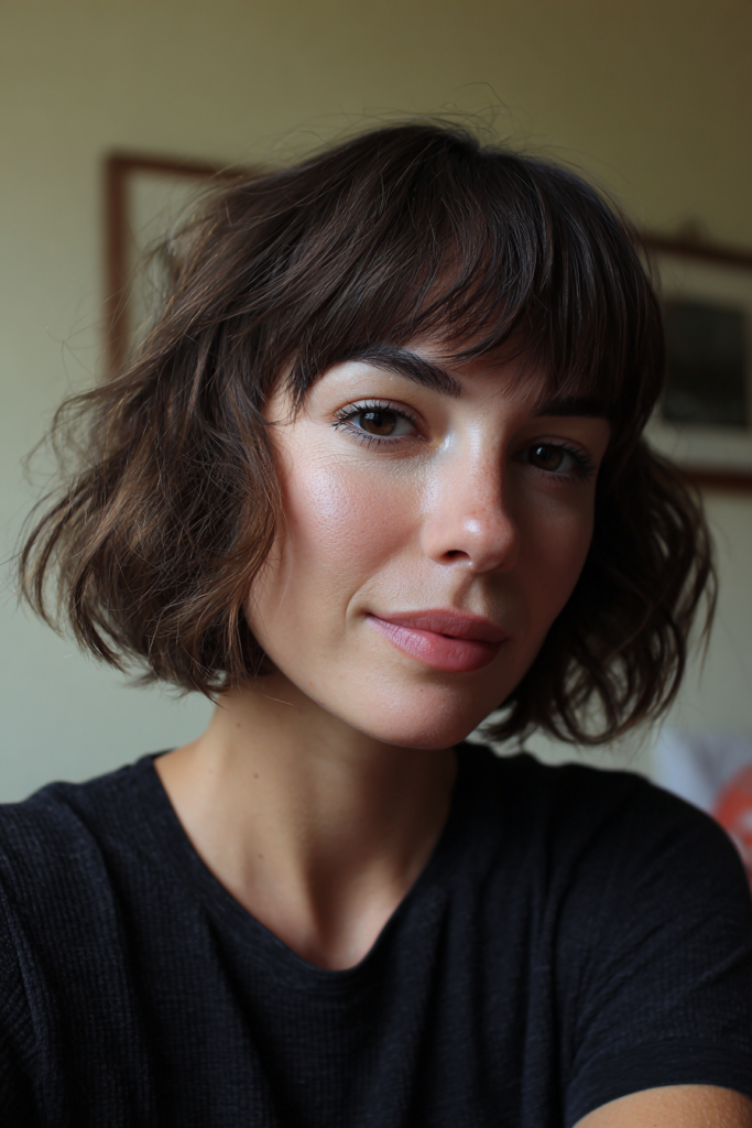 A woman with a curly brunette bob and full blunt bangs smiles gently at the camera.