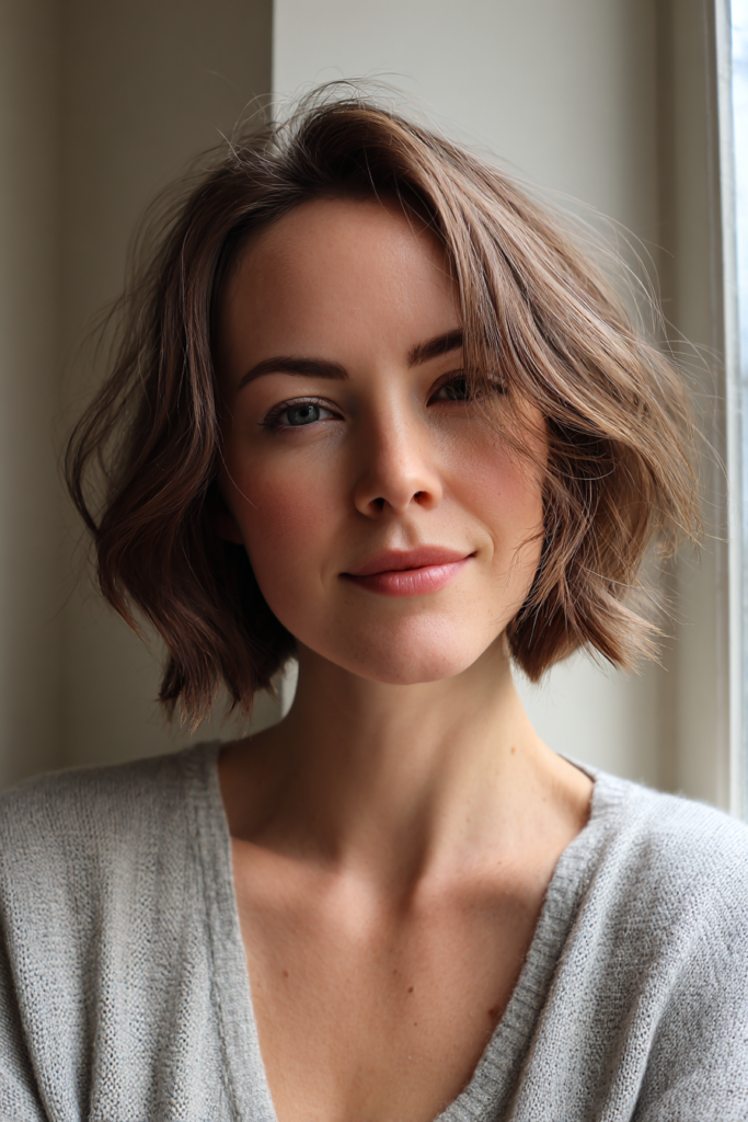 A woman with a soft wavy bronde bob and a center part smiles gently near a window.