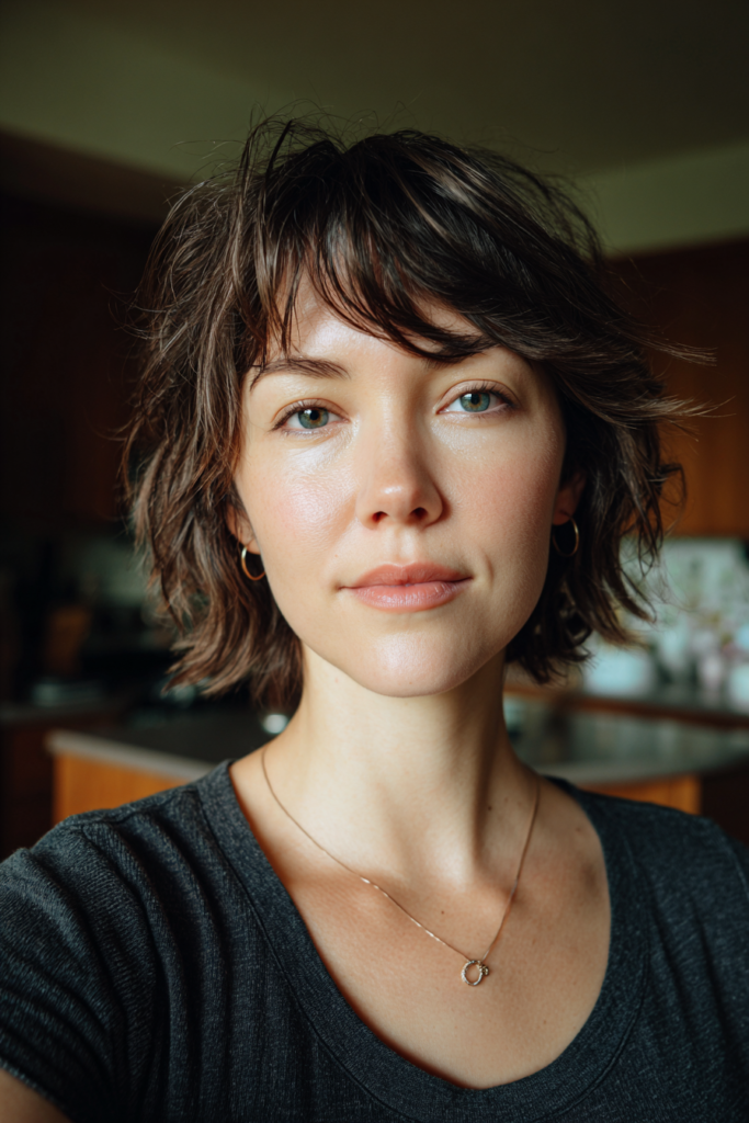 A woman with a shaggy brunette bob and curtain fringe looks directly at the camera.