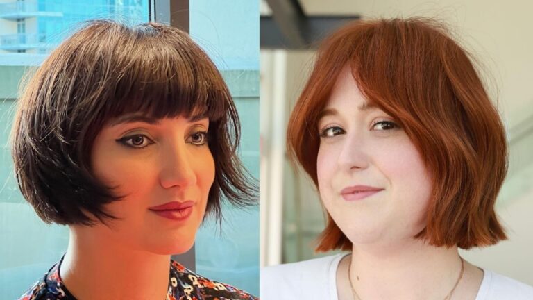 21 Easy Short Hairstyles for Women That Work for Busy Mornings Side-by-side view of a dark brown French bob with straight full bangs alongside a vibrant reddish-copper short bob with soft curtain bangs.