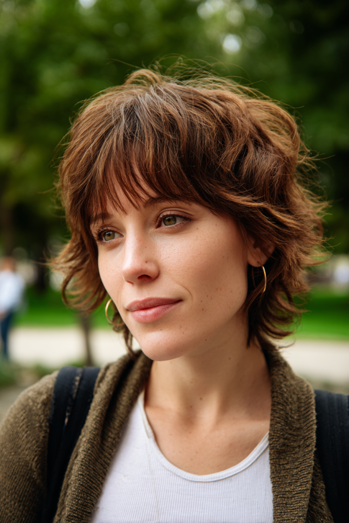 A woman with a shaggy auburn wolf cut and curtain bangs wears hoop earrings and a knit cardigan outdoors.