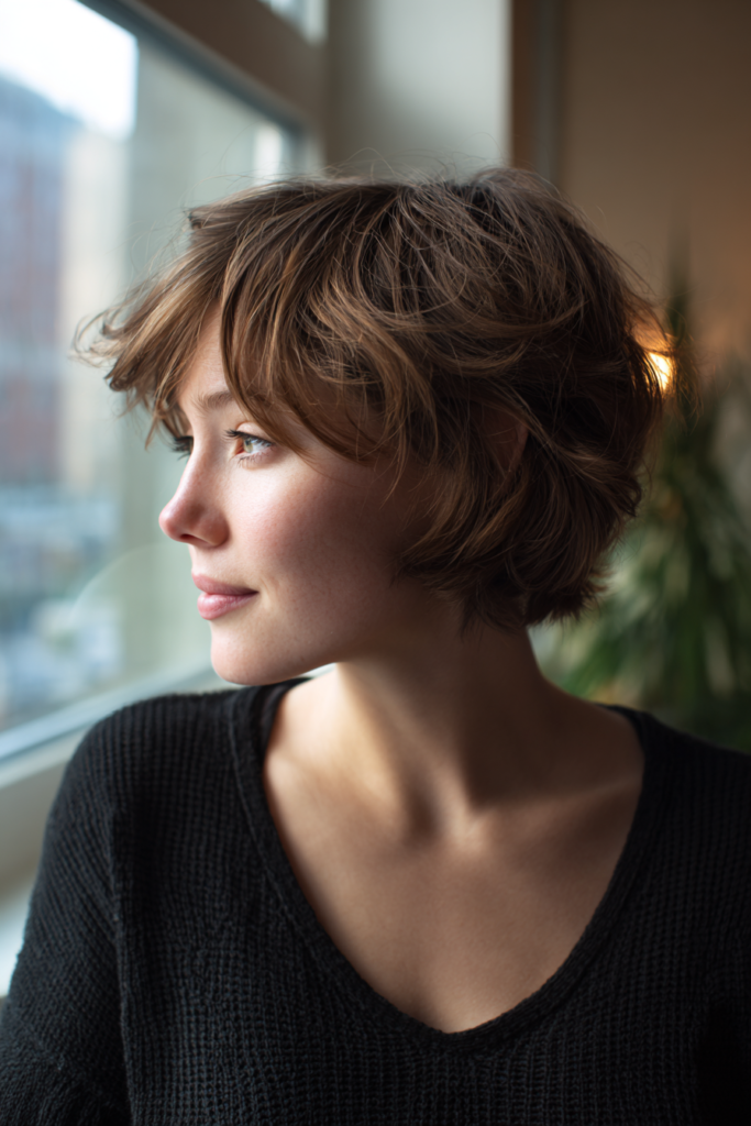 A woman with a feathered caramel brown jaw-length crop looks out a window wearing a black sweater.