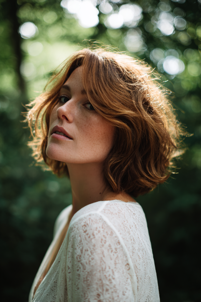 A woman with a wavy copper red bob and sweeping fringe poses outdoors in dappled sunlight.