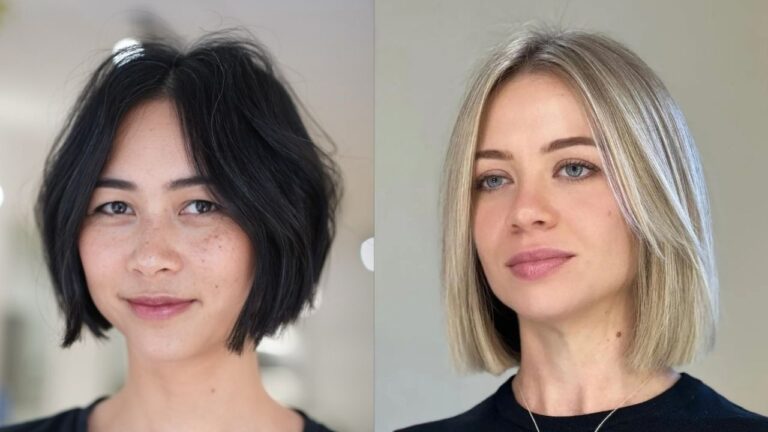 22 Flattering Short Hairstyles for Women With Round Faces and Face-Framing Shape Side-by-side comparison showing a textured dark black bob with curtain bangs on the left and a sleek, straight blonde bob with face-framing layers on the right.