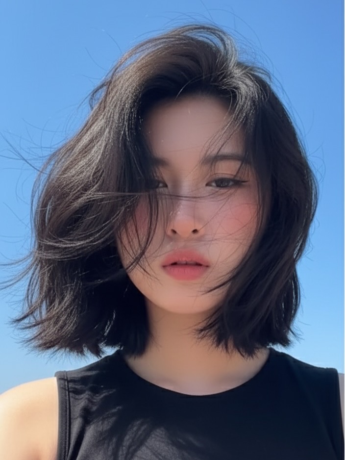 A woman with a tousled wavy brunette lob and curtain bangs poses outdoors against a clear blue sky.