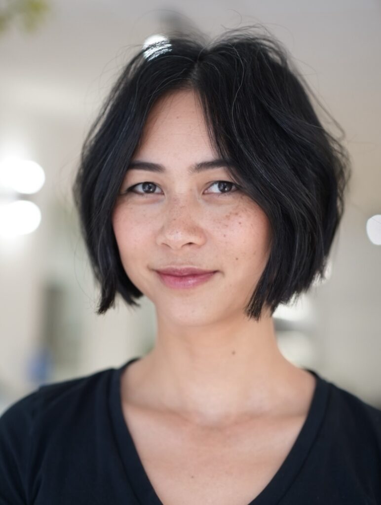 A woman with a dark wavy middle-part bob and freckles wears a black v-neck top.