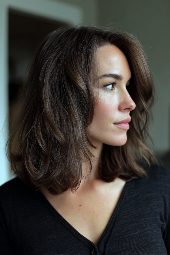 A woman with shoulder length brunette hair styled in soft, undone waves with a natural middle part.