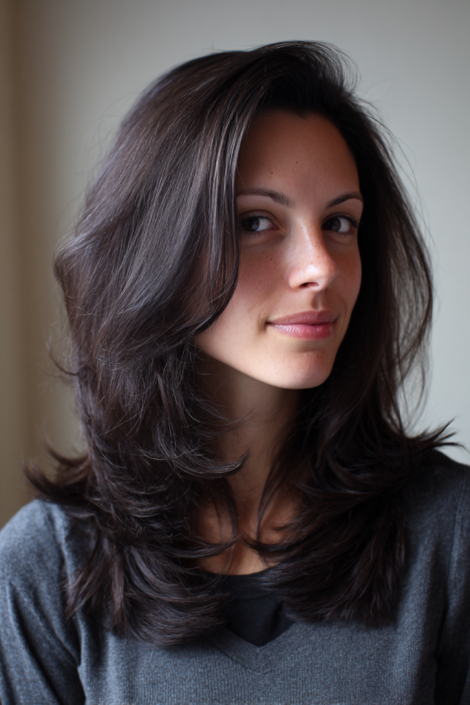 A woman with glossy dark brunette hair styled in voluminous, side swept layers.