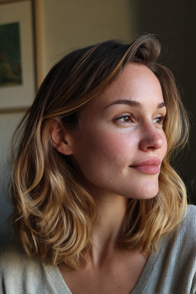 A woman with shoulder length hair featuring honey balayage and soft, loose beachy waves.