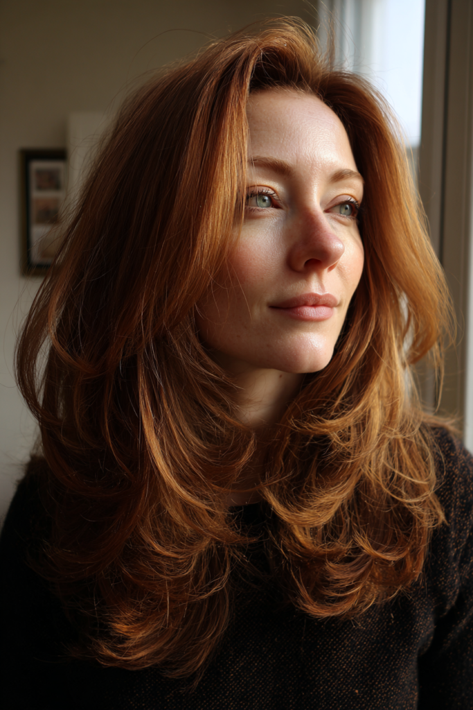 A woman with vivid copper red hair styled in medium length, rounded layers.