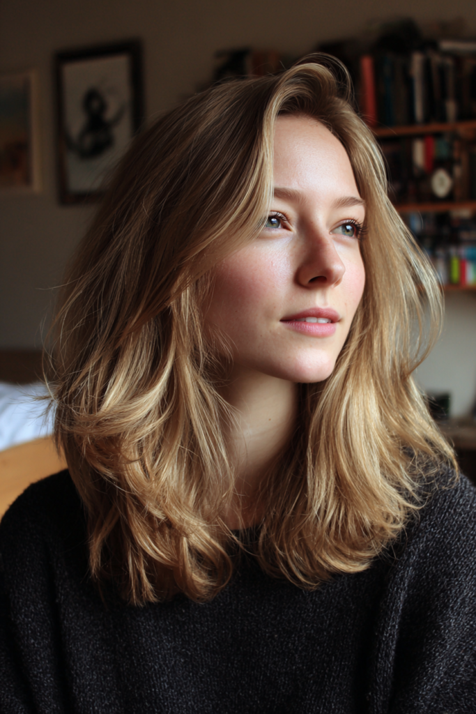 A woman with shoulder length golden blonde hair featuring natural sun streaks and soft wavy layers.