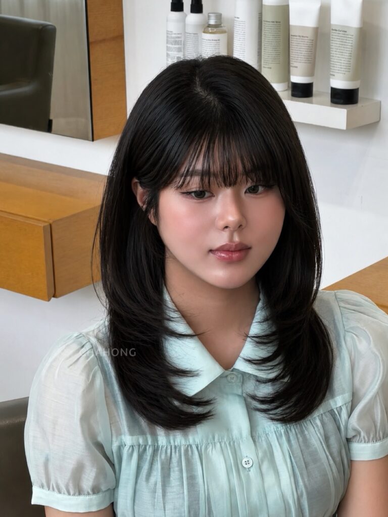 A young woman with sleek black hair featuring wispy bangs and soft, face-framing layered ends.
