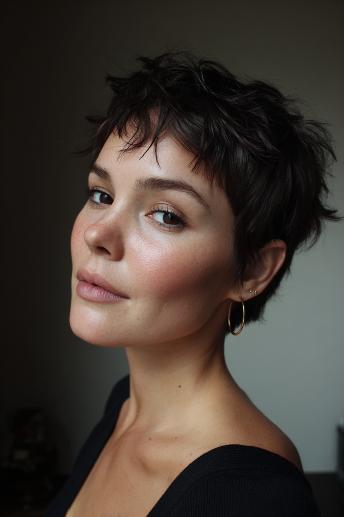 A woman with a messy dark brown textured pixie cut and wispy fringe poses in dramatic lighting wearing a gold hoop earring.