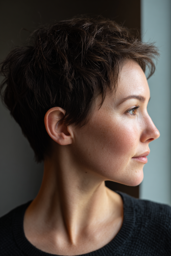 A woman with a windswept cocoa brown cropped pixie cut is shown in profile looking toward a window.