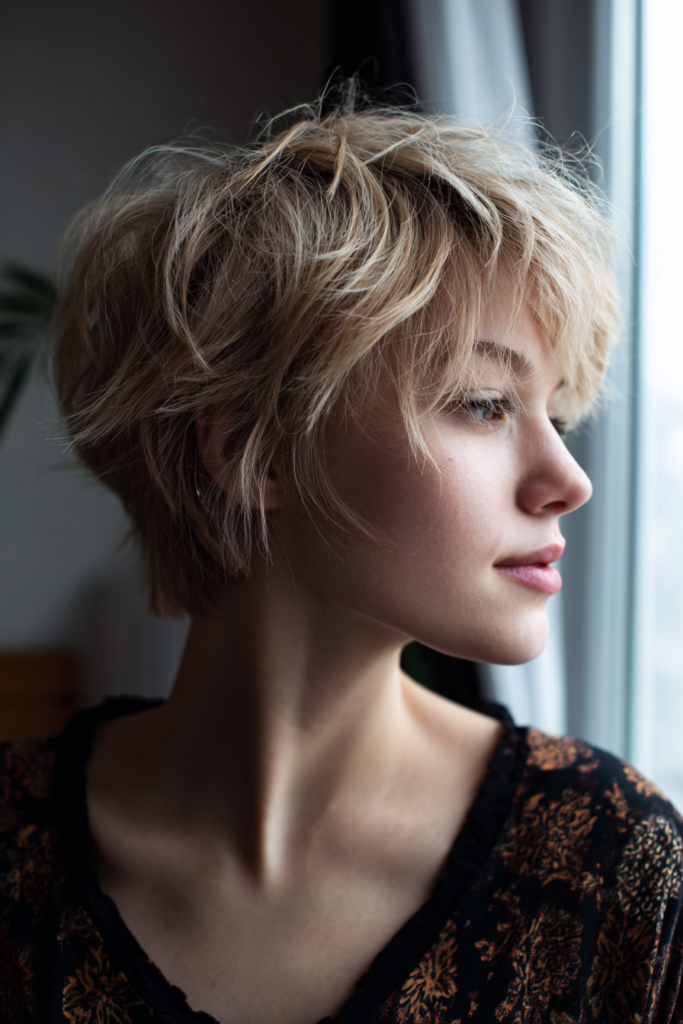 A woman with a voluminous golden blonde shag pixie cut and highlighted layers gazes out a window.