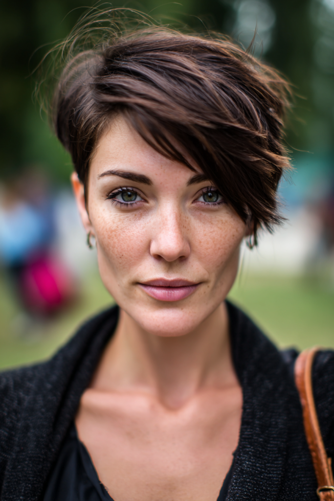 A woman with a long side swept brown pixie fringe and subtle highlights looks directly at the camera.
