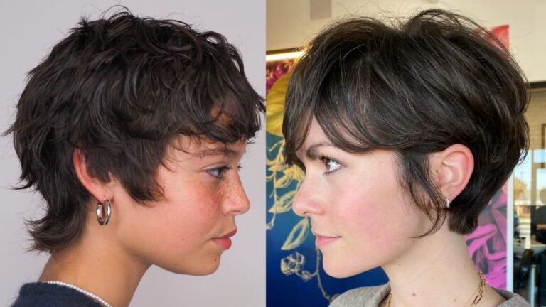 22 Short Pixie Hairstyles for Women With Bold Shape and Low Maintenance Styling Side-by-side profile comparison showing a dark brown textured pixie mullet with messy layers on the left and a voluminous brunette pixie crop with soft curtain bangs tucked behind the ear on the right.