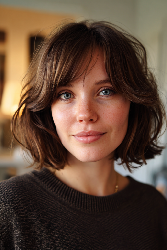 A woman with a tousled brunette short bob and layered curtain bangs.