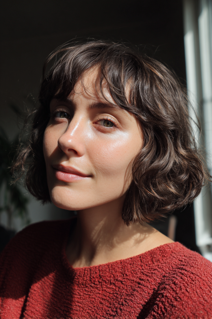 A woman with a chin length dark brunette wavy bob and relaxed curtain bangs smiling.