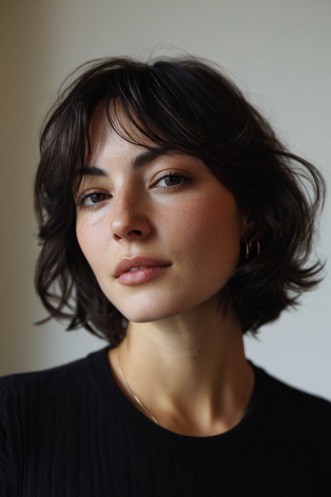 A woman with a dark espresso chin length cropped haircut and wispy curtain bangs softly smiling.