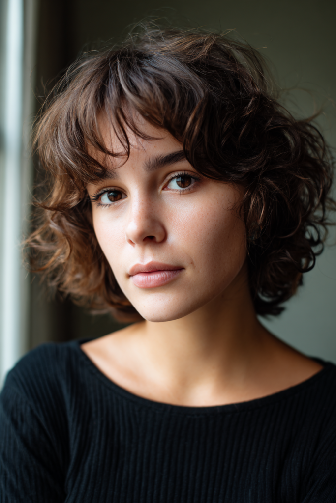 A woman with short dark brown curly hair and curly curtain bangs looking into the camera.