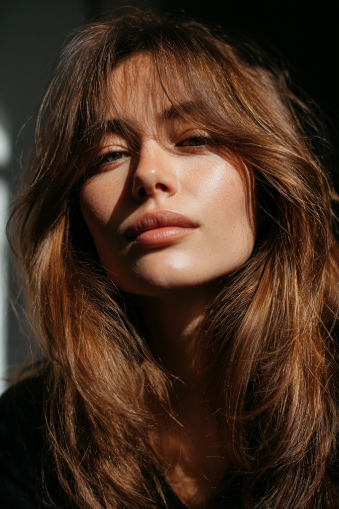 Long caramel brown hair with wispy curtain bangs styled in soft, sunlit waves.