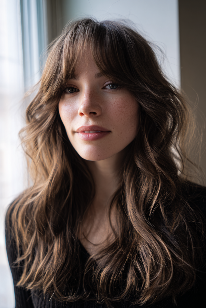 Long deep brunette hair with full curtain fringe styled in thick, shaggy waves.