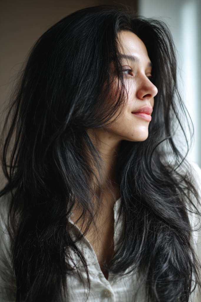 Long jet black hair styled in loose, tousled layers with full body.