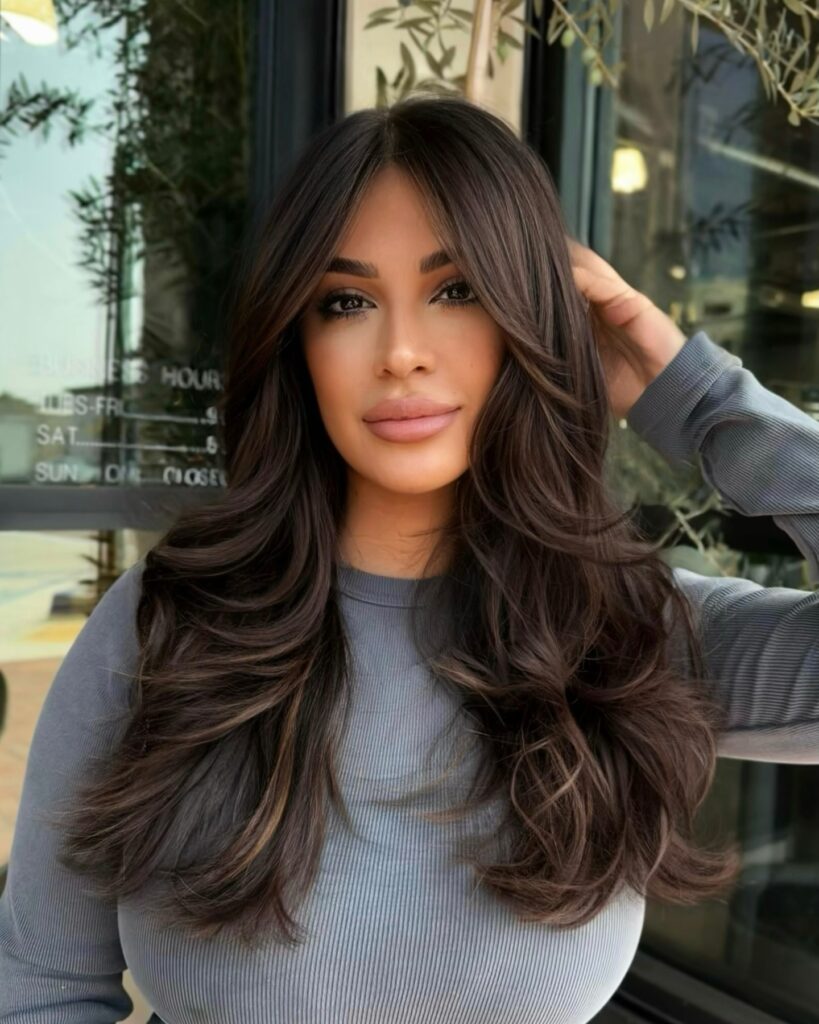 Long deep espresso brown hair styled in rounded layers with dramatic flipped-out ends.