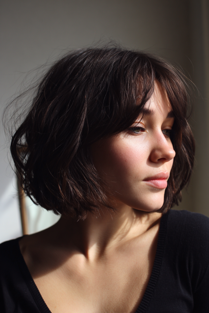 A woman with a voluminous wavy brunette bob and wispy bangs.