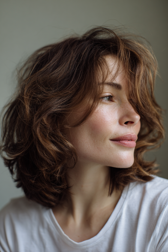 A woman with a cinnamon brown layered shag haircut and a soft curtain fringe.